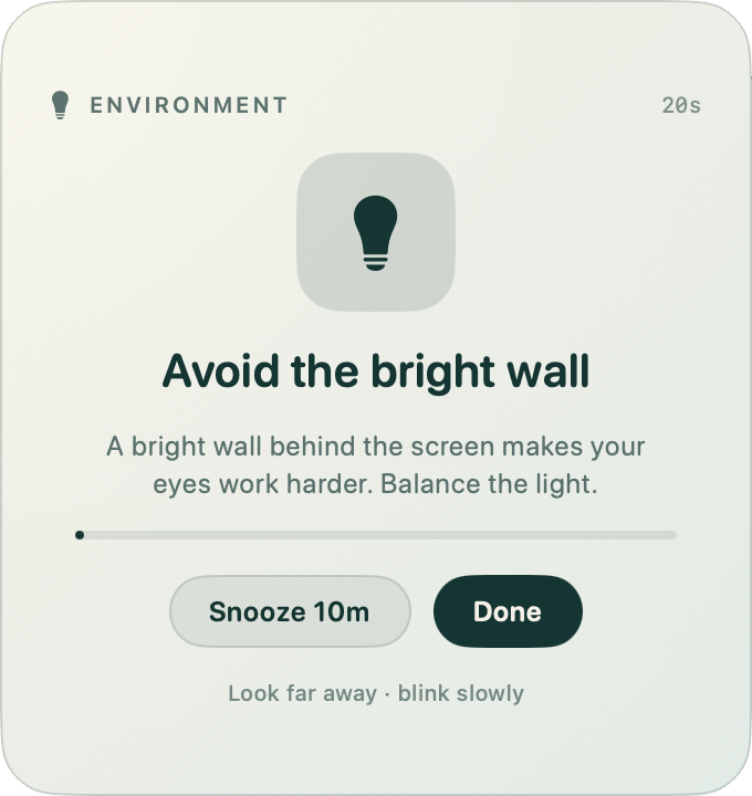 BlinkKind break card showing an eye-care reminder over a desktop
